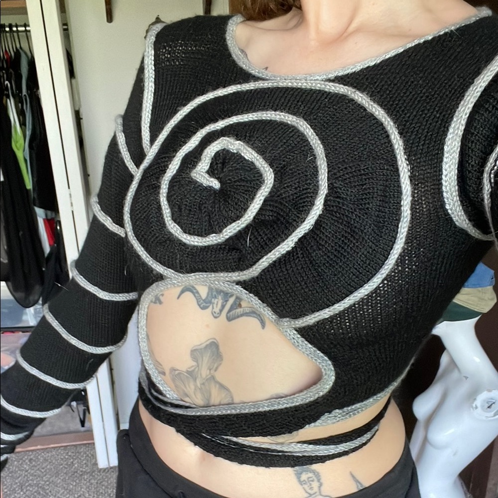 Knit Black and Gray Cut Out Crop Sweater